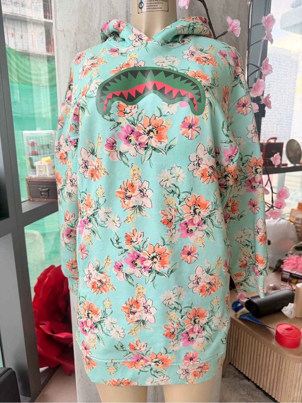 NWOT Sprayground Mint Floral Long Hoodie Dress Oversized Size XS